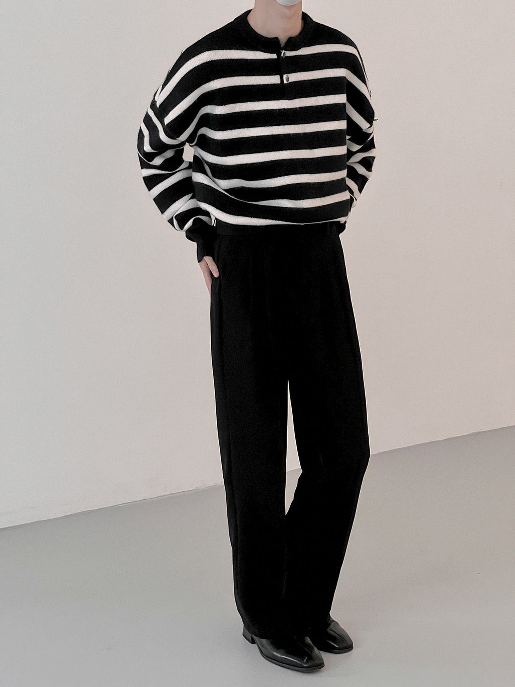 Textured Striped Sweater Boys Button Round Neck Autumn Leisure Sweater