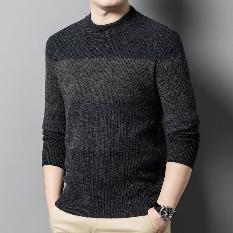 Middle-aged Worsted Round Neck Striped Casual Thick Sweater