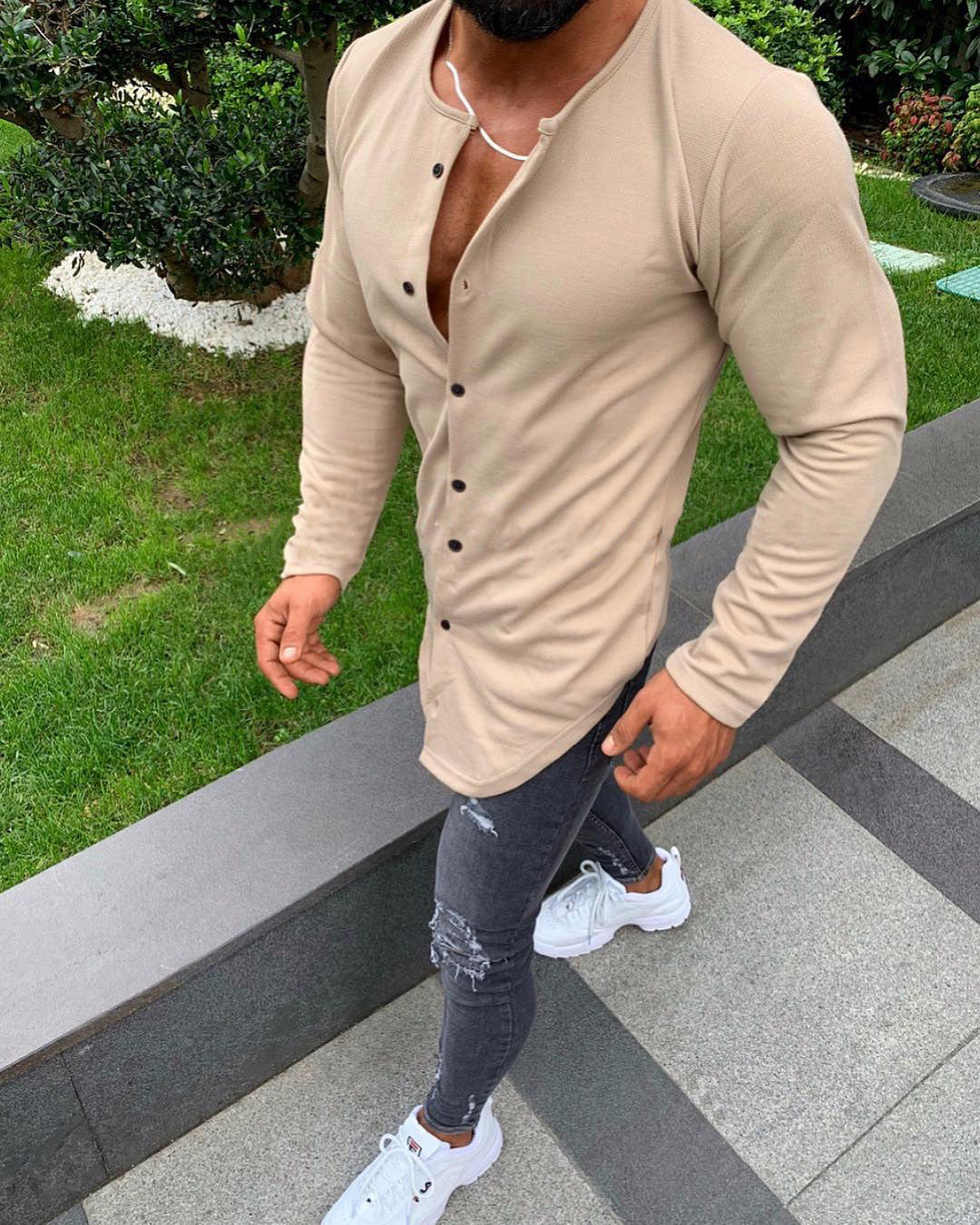 Straight door cardigan button men's T-shirt