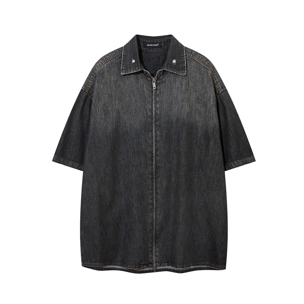 Retro Broken Zipper Short Sleeve Shirt