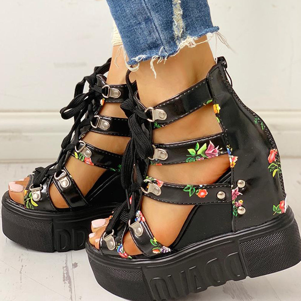Students' hollow fish mouth heightening sandals