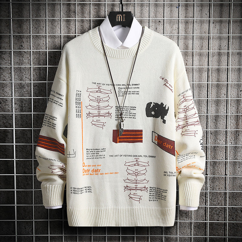 Round Neck Sweater Men Youth Popular Printing Men's Knitted Pullover Top
