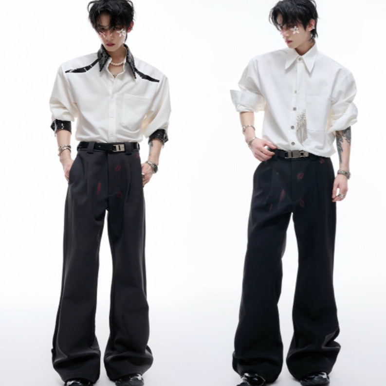 Red Lip Print Suit Pants Slightly Stretch High Draping Effect Trousers