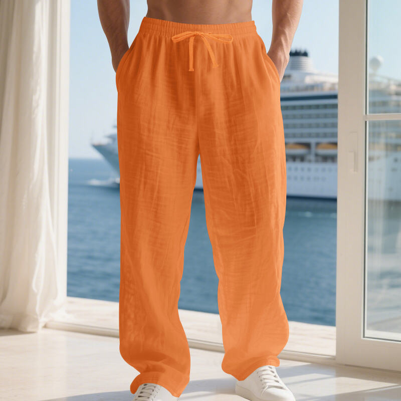Linen Solid Color American Autumn Weiyi Casual Men's Loose Plus Size Wide Legs Beach Trousers Men