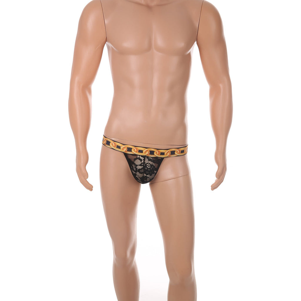 Men's Sexy Lace Thong 3D Printed Chain Belt Sheer