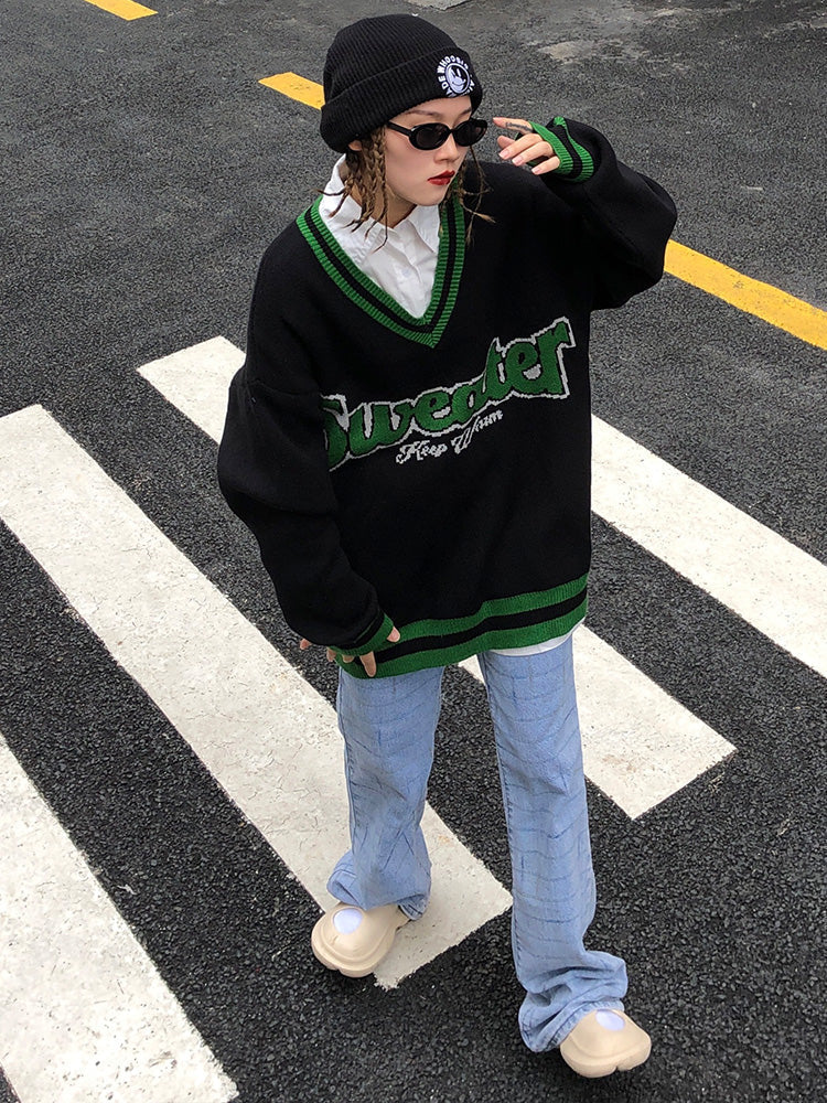 Women's Retro American V Neck Long Sleeve Sweater