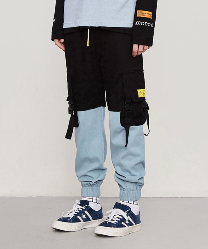 New Style Brand Function Buckle Pocket Contrast Color Stitching Men's Beamed Overalls