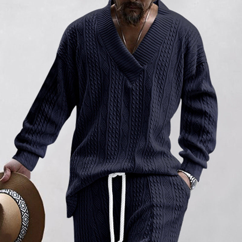 European And American Style Men's Clothing Jacquard Loose-fitting Knitted Solid Color Casual V-neck Long-sleeve Knitwear