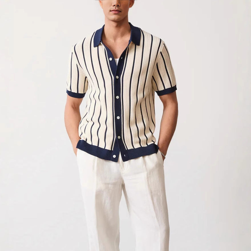 Men's Solid Color Short Sleeve Lapel Knitted