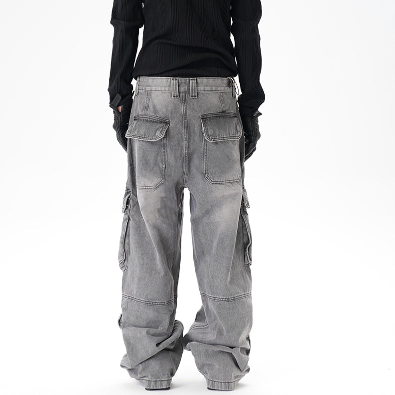 Distressed Multi-pocket Casual Loose Straight-leg Denim Overalls