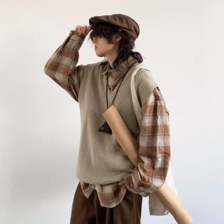 Winter Solid Color Retro V-neck Knitted Vest Sleeveless Sweater