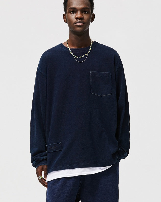 Men's Blue Dyed Knitted Denim Long Sleeve T-shirt Pocket Decoration Wash Water Top