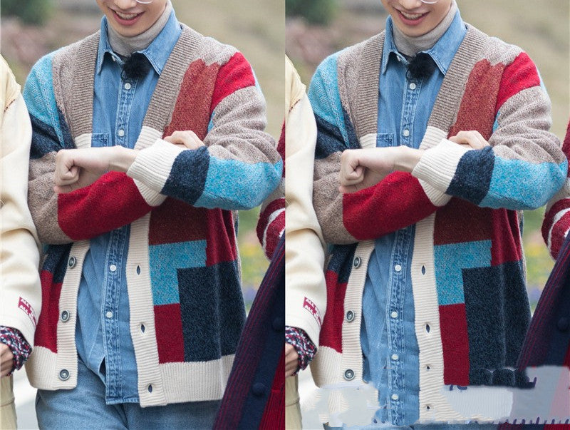 Geometric Square Contrast Color Single-breasted Knitted Cardigan Men