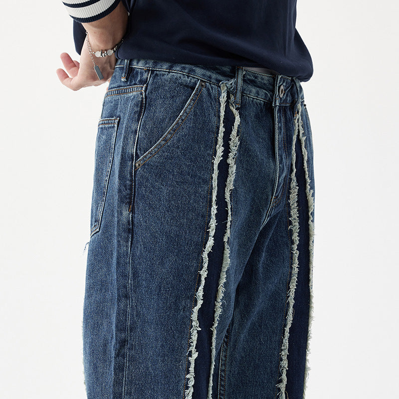 Frayed Stitching Jeans Men's Loose Straight Washed Trousers