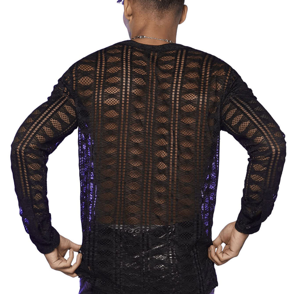 Men's Hollow Out V-neck Long Sleeve Loose-fitting Casual T-shirt Shirt