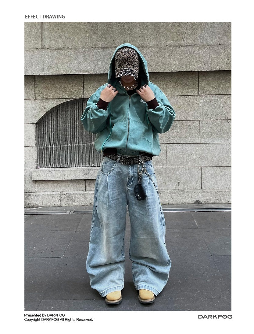 American-style Side Double-oblique Pleated Washed Wide-leg Jeans