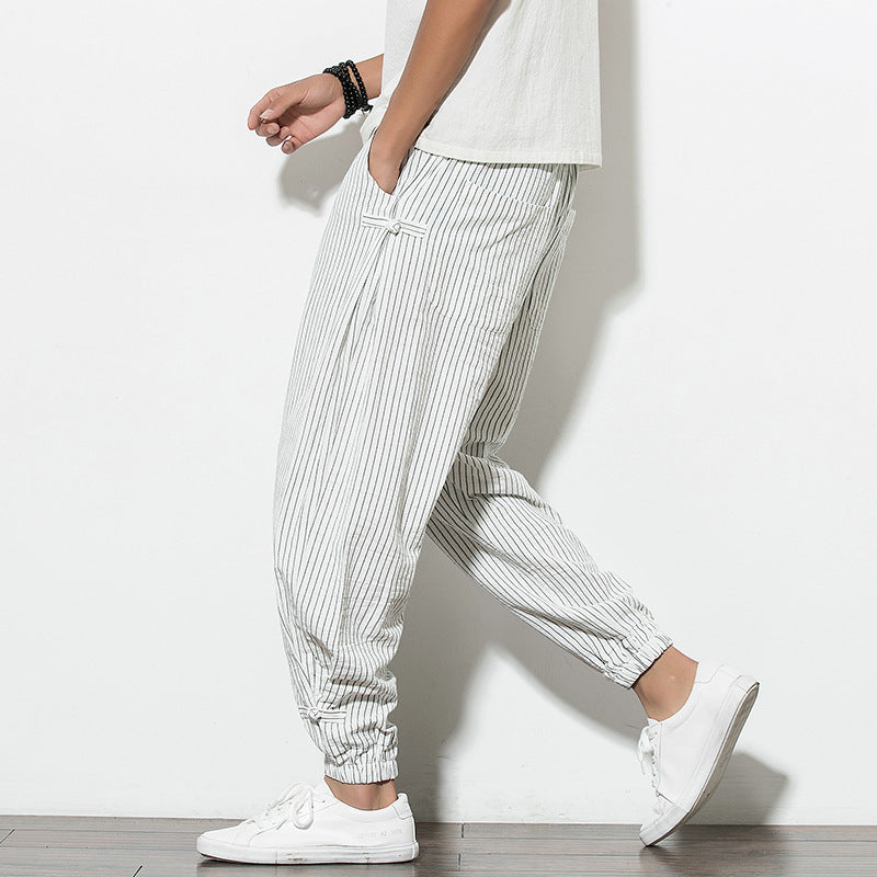 Thin Breathable Cotton and Linen Disc Buckle Casual Plus Size Harem Pants
