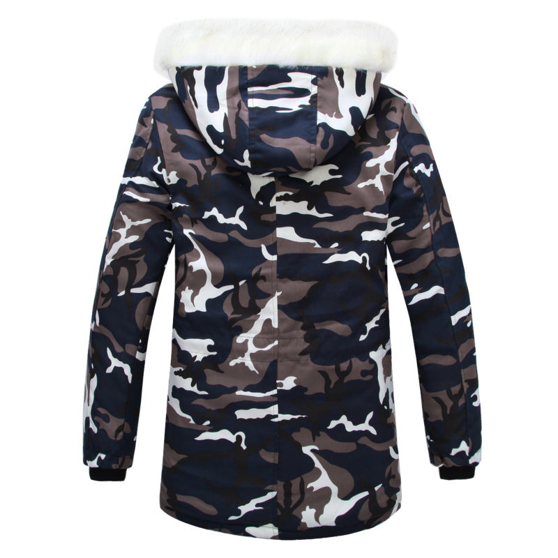 Camouflage large fur collar mid-length padded coat