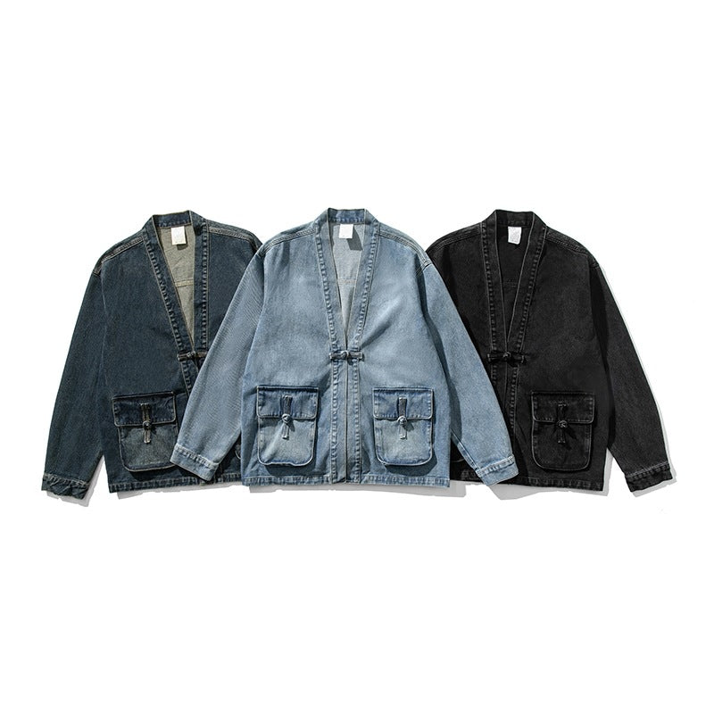 Japanese Style Vintage Denim Jacket Buckle New Chinese Style