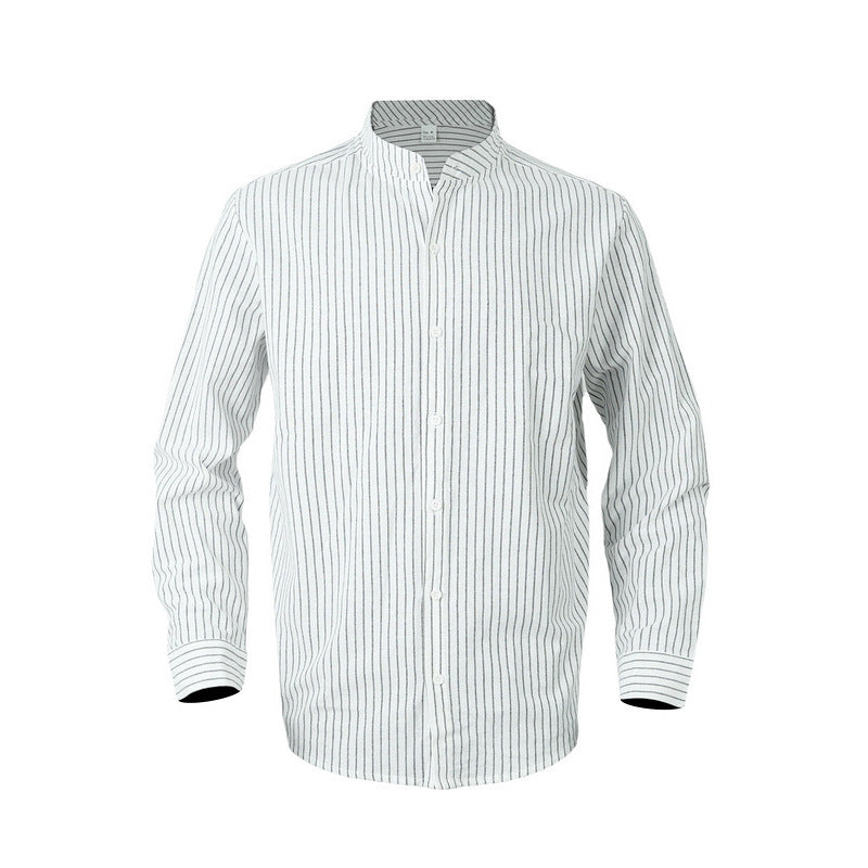 Business Linen Men's Shirt Striped Stand Collar Long Sleeve Cardigan