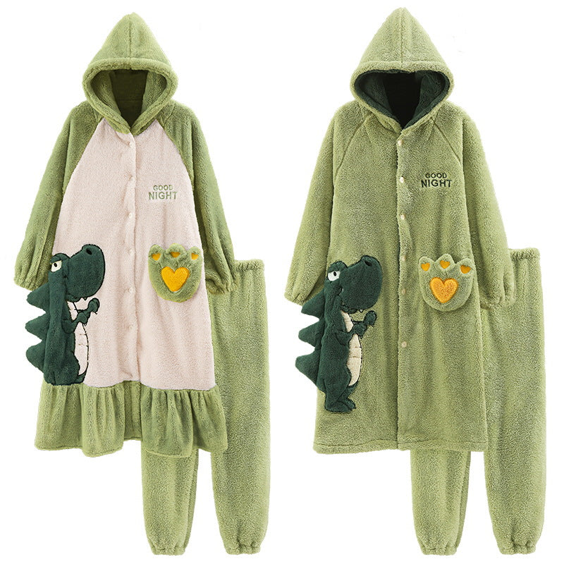 Women's Nightgown Autumn And Winter Long Flannel Thickened Couple Plus Size Loose Bathrobe Coral Fleece