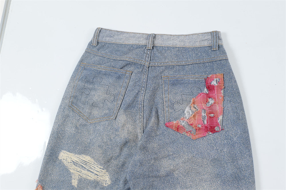 Design Color Matching Lace Denim Straight-leg Trousers Fashion