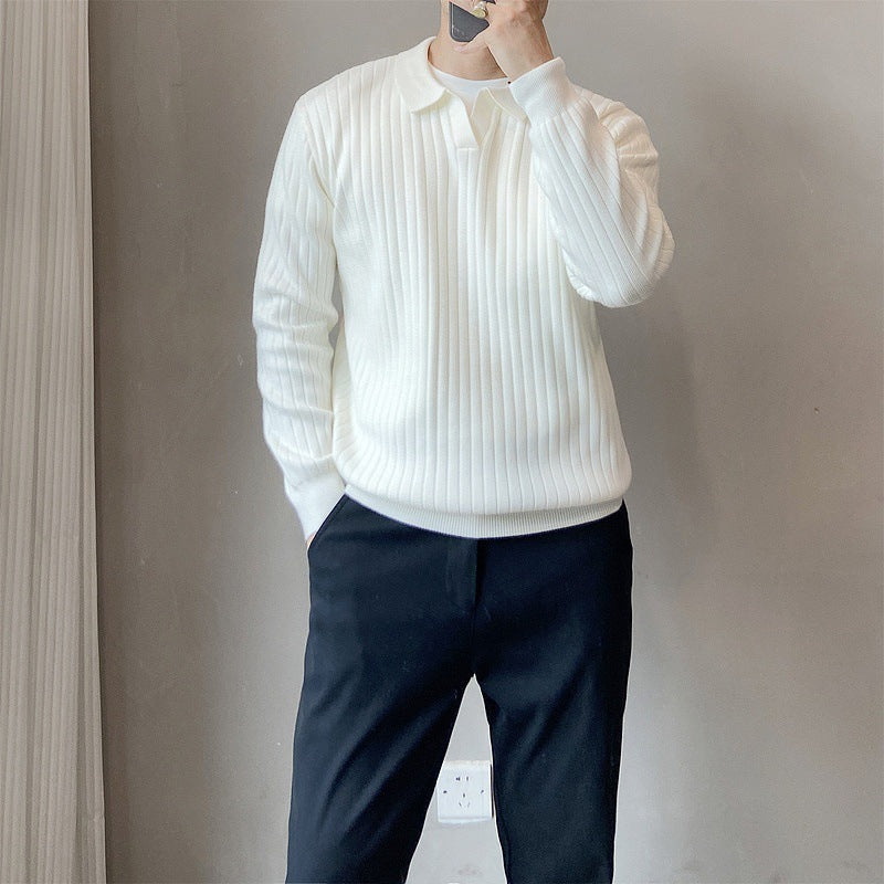 Lightly Mature Spring And Autumn Stripes Lapel Loose Elastic Knitted Sweater