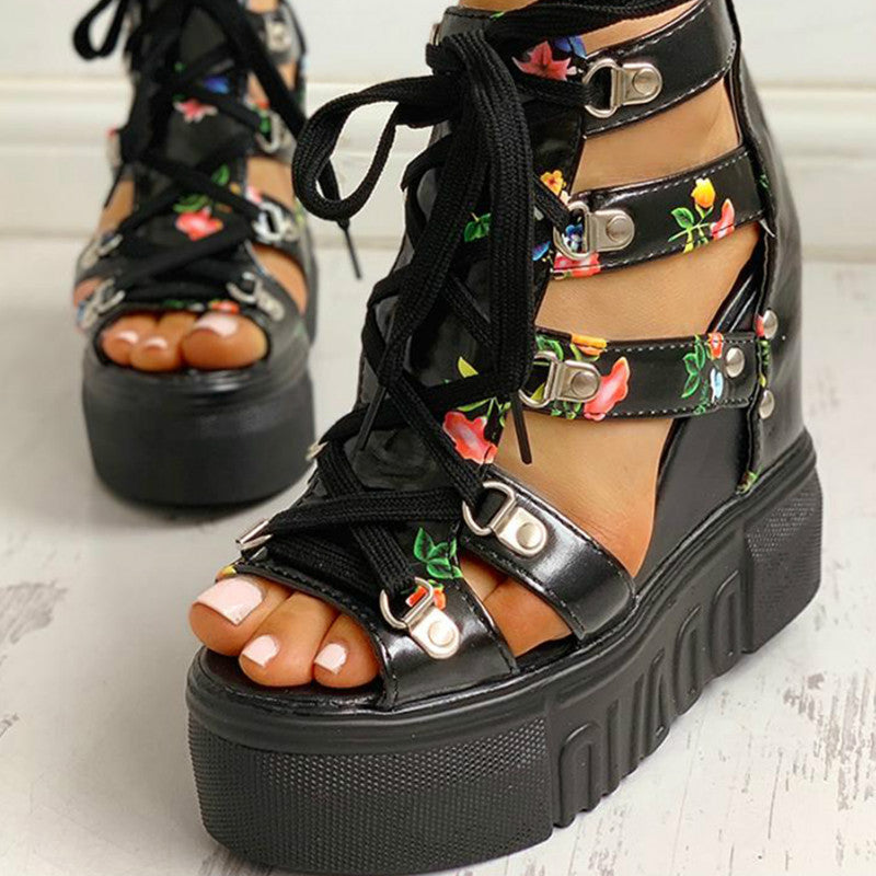 Students' hollow fish mouth heightening sandals