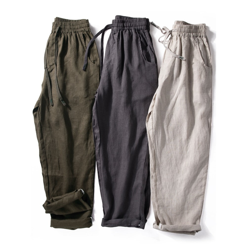 Pure Linen Lightweight Breathable Straight Loose Summer Men's Casual Trousers
