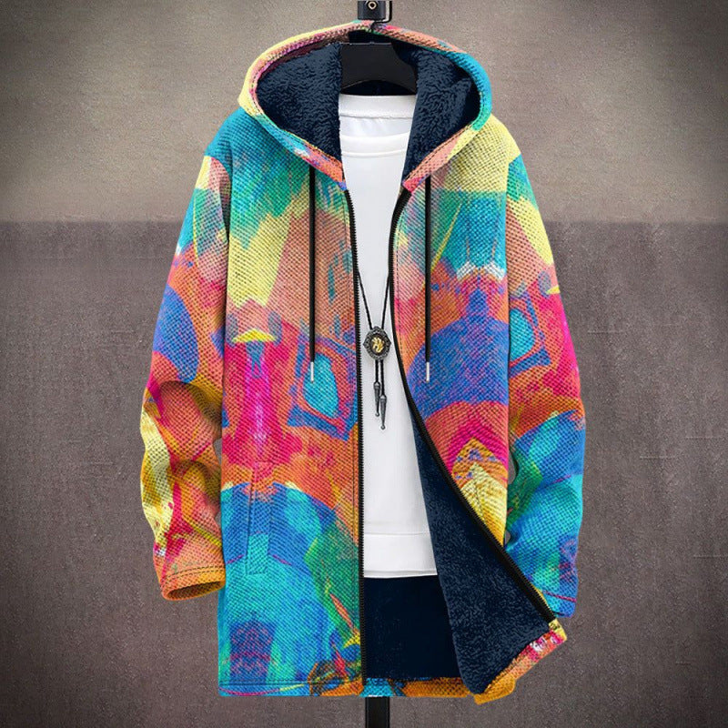 Men's Coat Printed Thickening Windproof Jacket Zipper Hooded