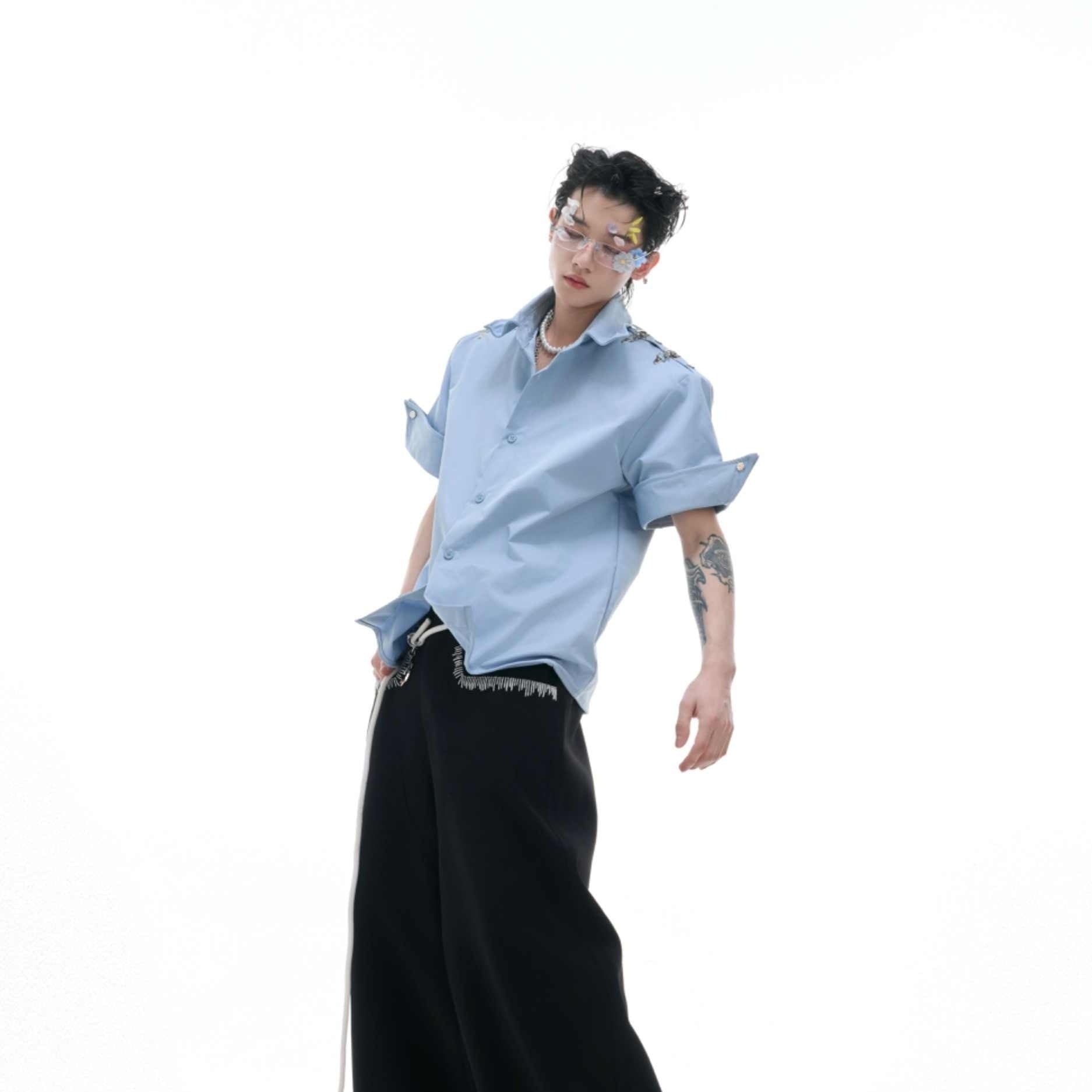 Niche Deconstruction Metal Buckle Design Short Sleeve Shirt Solid Color Simple Loose Cardigan