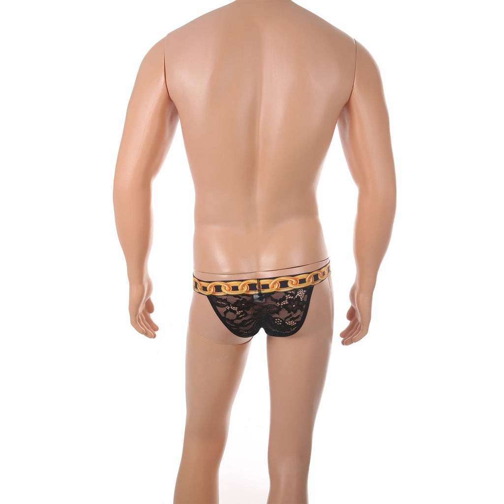 Men's Sexy Lace Thong 3D Printed Chain Belt Sheer