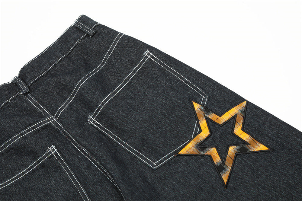 Design Five-pointed Star Affixed Cloth Embroidered Straight-leg Pants
