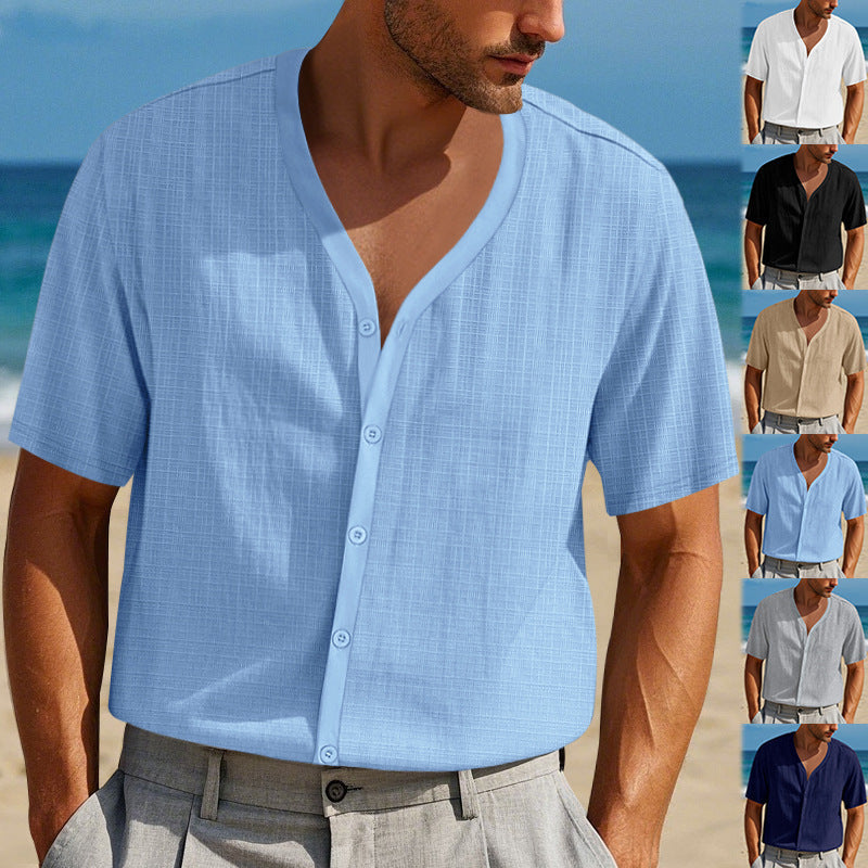 Men's Imitation Linen Bamboo Short-sleeved Henley Shirt Loose Casual Trend