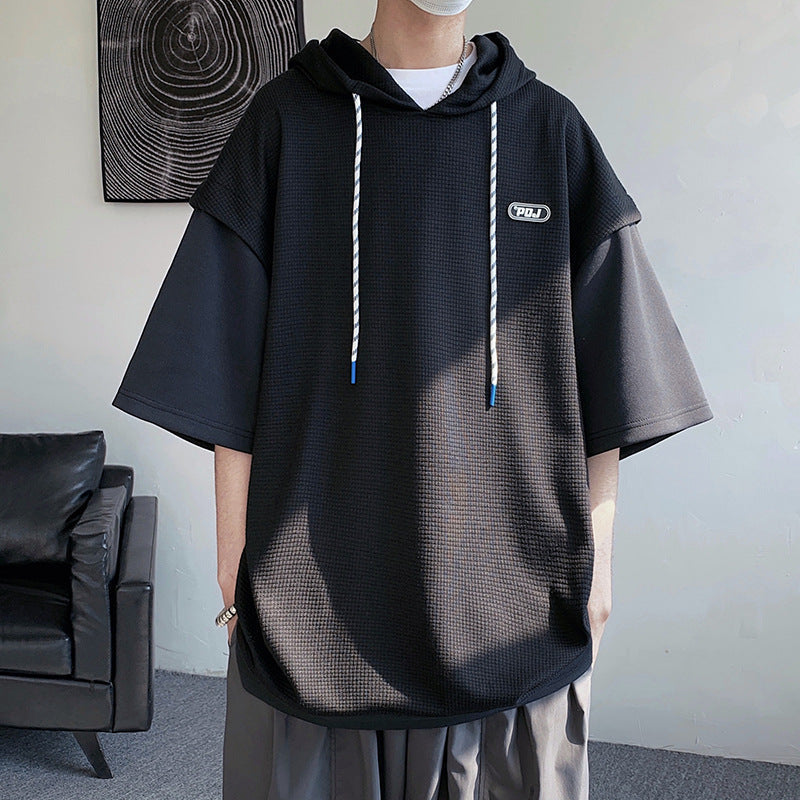 Heavy Plus Size Loose Solid Color Hooded Short Sleeve