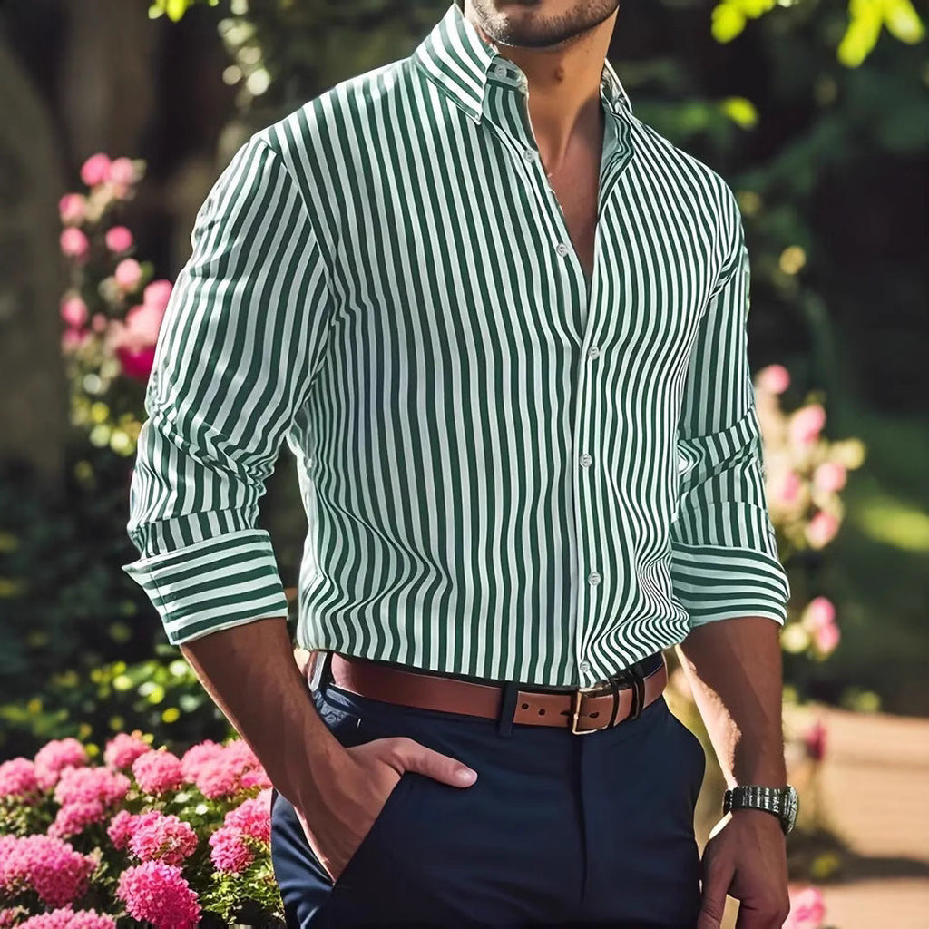 Ins Stripe Printed Long Sleeve Shirt Men