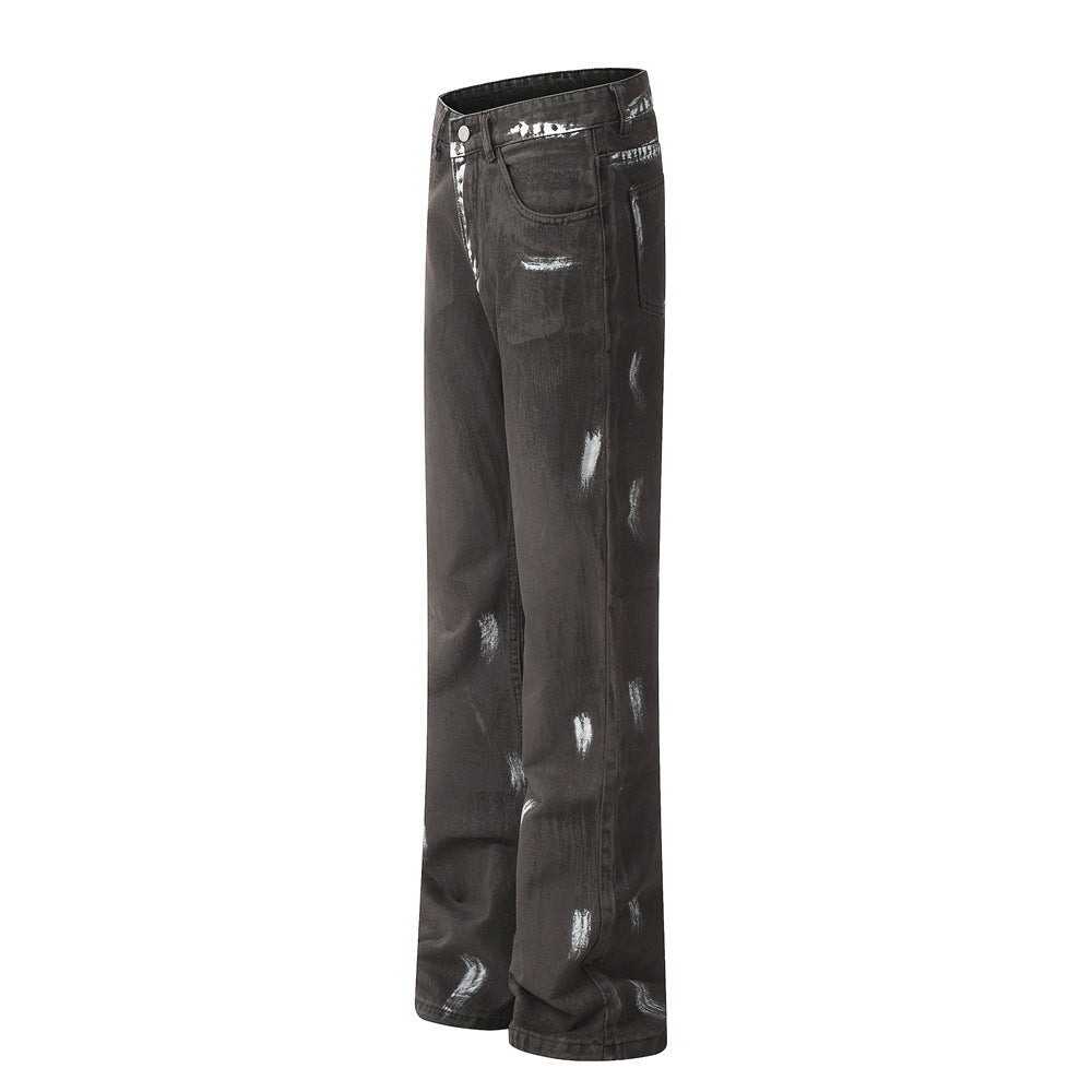 Punk Waste Soil Distressed Men Denim Straight-leg Trousers
