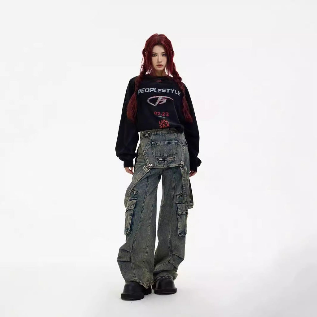 Niche Mechanical Style Jeans Design American Vintage Strap Stitching Trousers