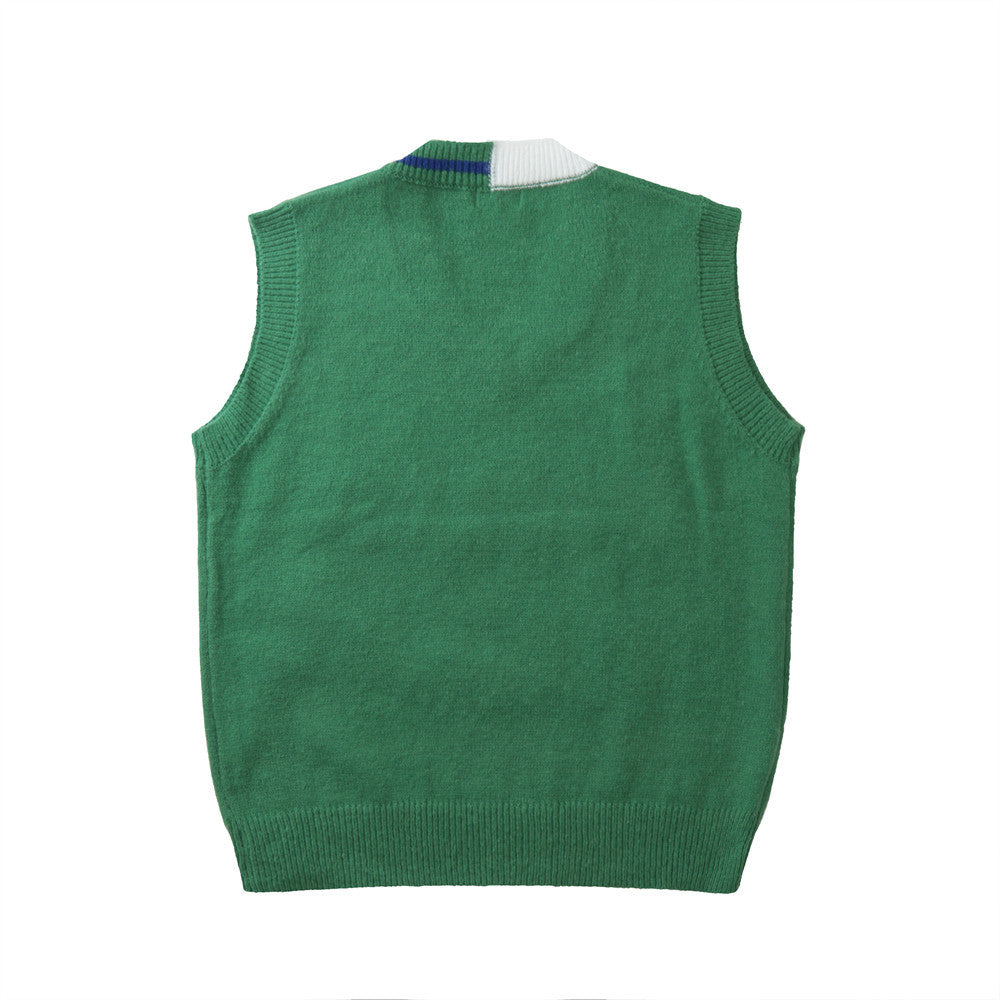 Contrast Color V-neck Sweater Vest Man Ins Woven Letter Sleeveless Knitted Vest