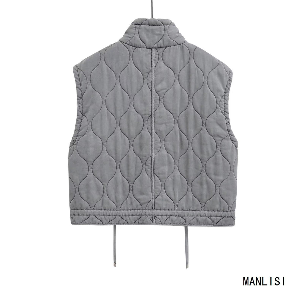 Women's Stand Collar Casual Sleeveless Gray Cotton Clothes Vest