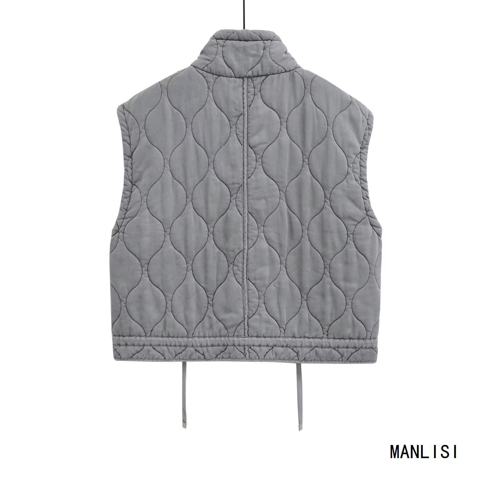 Women's Stand Collar Casual Sleeveless Gray Cotton Clothes Vest