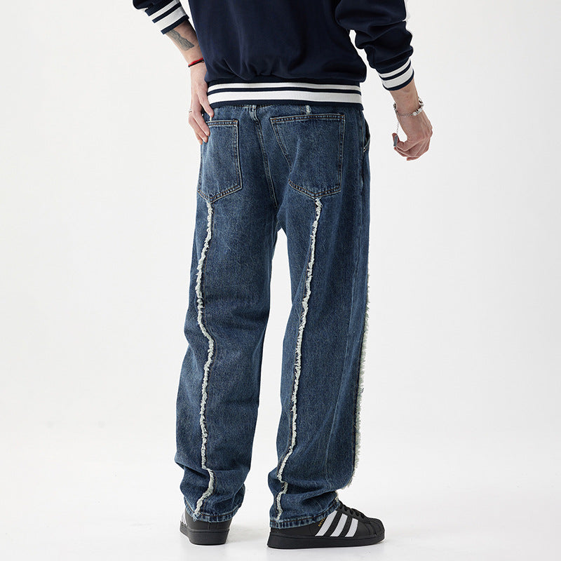 Frayed Stitching Jeans Men's Loose Straight Washed Trousers