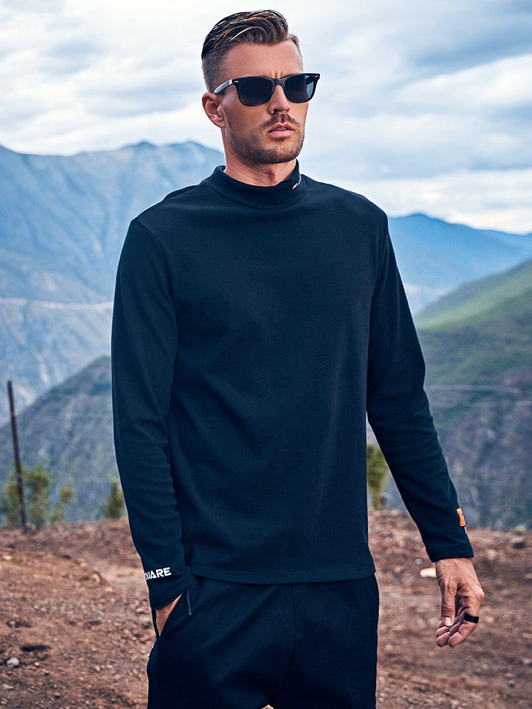 Men's Long-sleeved T-shirt With Velvet Half High Collar To Keep Warm Inside