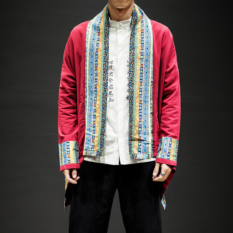 Kimono Cardigan Cotton Linen Trench Coat Color Matching Costume Top Men's Clothing