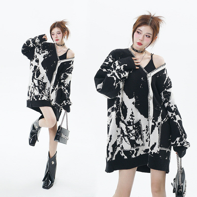 Snowflake Ripped Niche V-neck Knitted Tup Cardigan