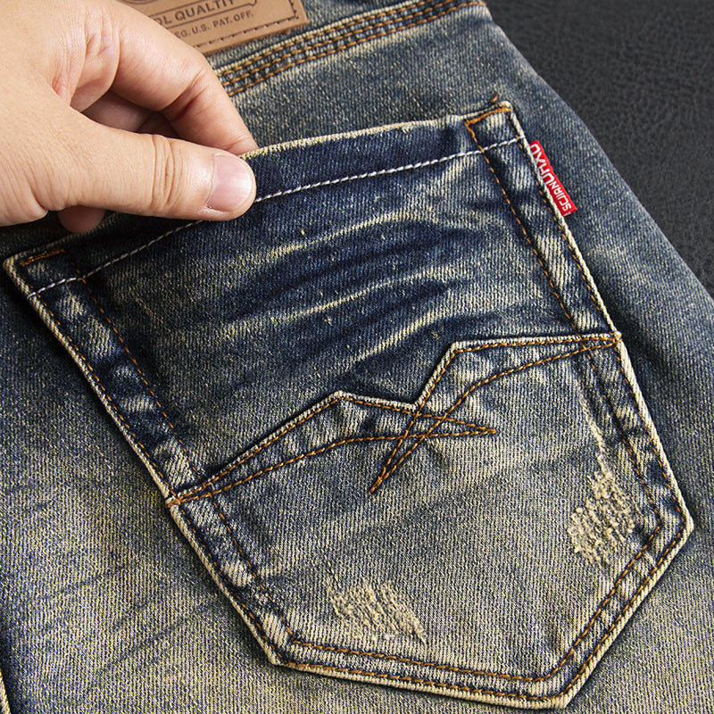 Men's American Retro Nostalgic Washed Slim-fitting Small Straight Stretch Pu Handsome Autumn And Winter Fashion