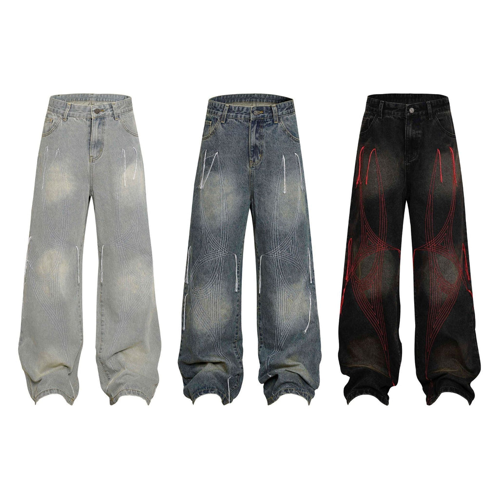 Washed Distressed Embroidery Tassel Jeans Wide-leg Straight Trousers