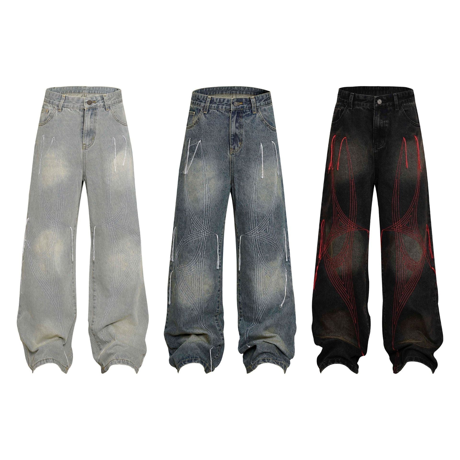Washed Distressed Embroidery Tassel Jeans Wide-leg Straight Trousers