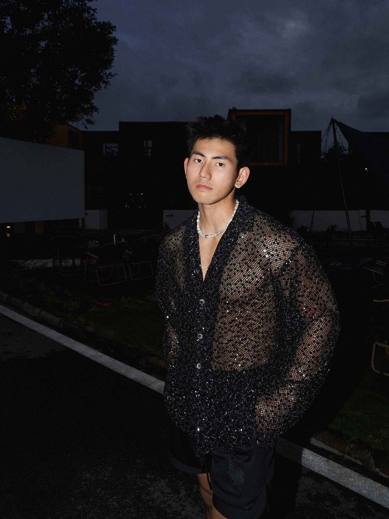 Silver Paillette Hollow-out Long-sleeved Shirt For Men