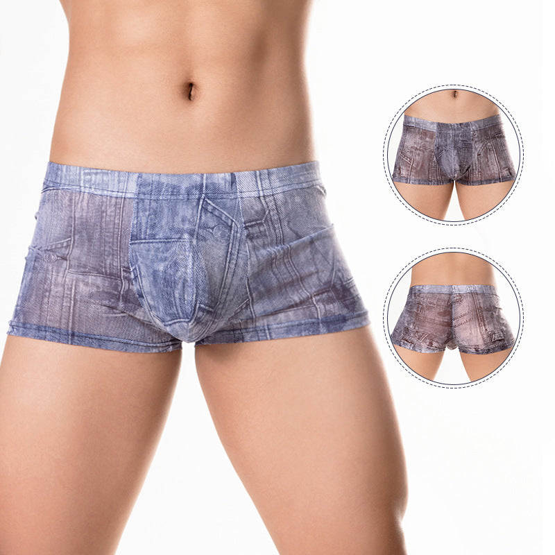 Men's Lightweight High Denim Printing Low Waist Boxer Briefs